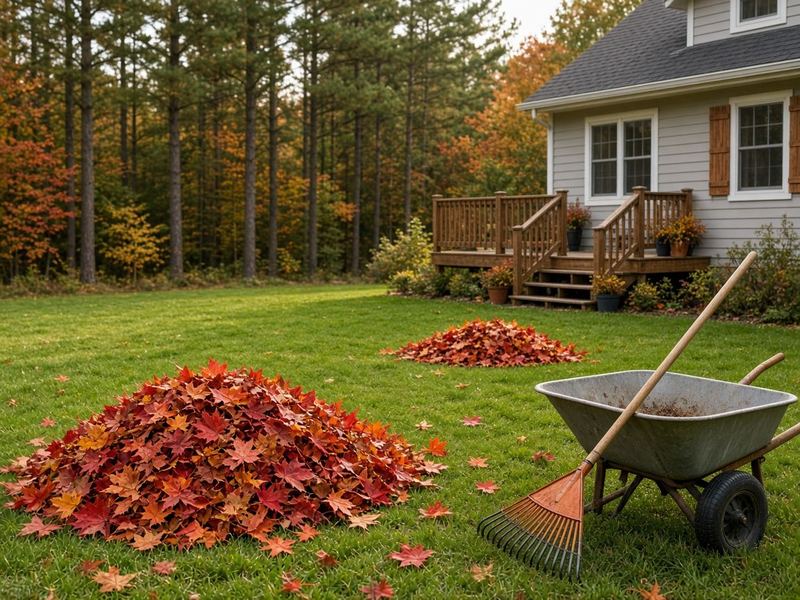 Raked piles of red and orange maple leaves on a lawn with a rake and wheelbarrow
