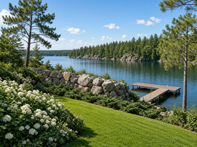 Green lawn sloping to a wooden dock, bordered by white hydrangeas and a granite stone wall
