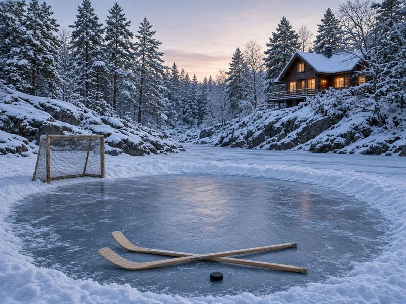 Shovelled pond rink on a frozen lake with two wooden sticks, a puck and a small net, snowy pines and a cottage at dusk