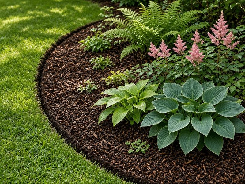 Shade bed with hostas, ferns and pink astilbe, crisp edge and dark mulch