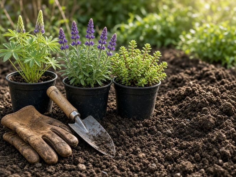 Potted lupines, salvia and sedum with gloves and a trowel on fresh garden soil